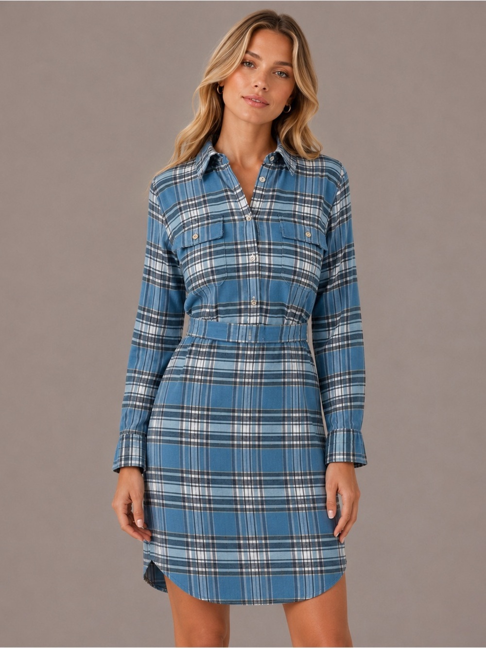 Peter Millar Blue Plaid Shirt Dress Flannel Belted Roll Tab Slvs Preppy Size S